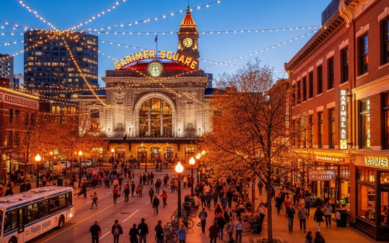 Lively downtown Denver scene with Union Station, 16th Street pedestrian corridor.