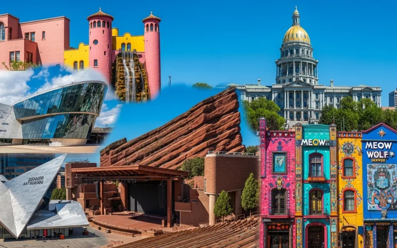 Vibrant collage of Denver landmarks like Red Rocks Amphitheatre, Meow Wolf, Casa Bonita.