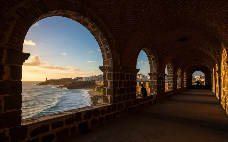 San Cristobal fortress tunnels and ocean views from ramparts, dramatic light, historic Spanish architecture.