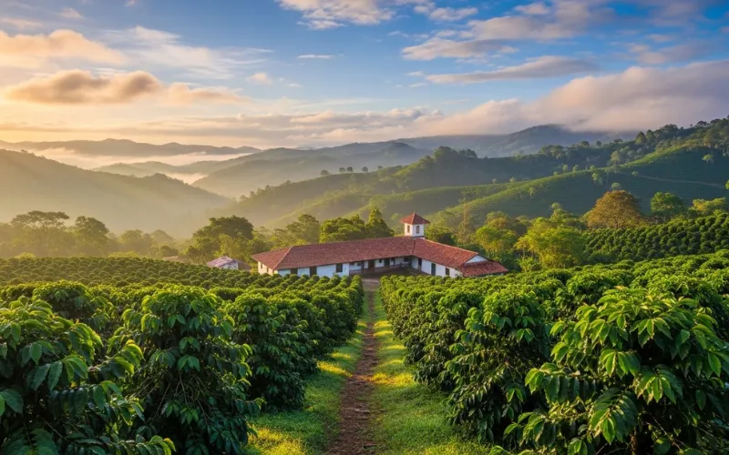 Puerto Rico mountain coffee plantation with lush green hills and rustic hacienda, morning mist.