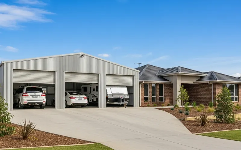 Large triple steel garage with three doors, suburban Australian home, driveway with cars and caravan.