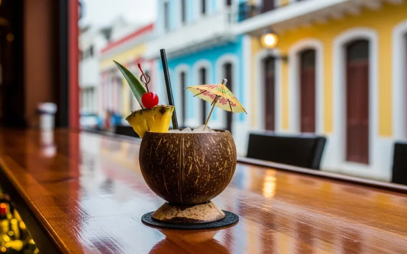 Classic pina colada cocktail in coconut glass at colorful Old San Juan bar.