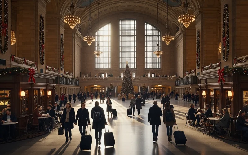 Union Station interior, Beaux-Arts style, people walking, coffee shops.