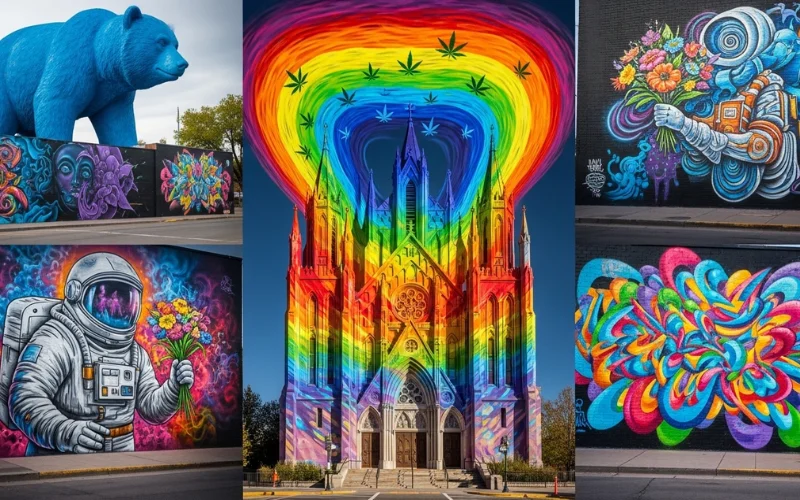 Surreal Denver experiences, rainbow murals at International Church of Cannabis, RiNo street art, Big Blue Bear, bold colors, immersive