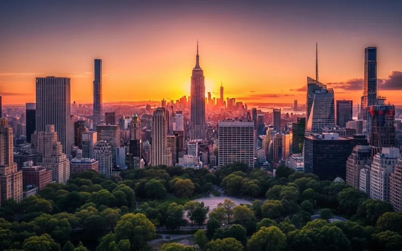 New York City skyline at sunset, Empire State Building glowing, Central Park foreground, cinematic lighting, vibrant colors.