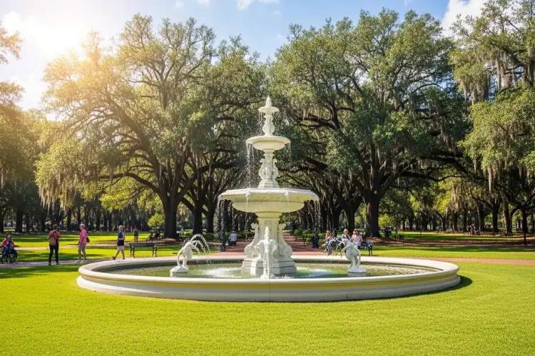 Forsyth Park fountain in Savannah, white fountain centered