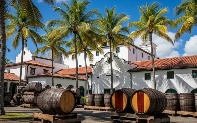 Casa Bacardi distillery exterior with rum barrels and tropical palm trees, sunny day.