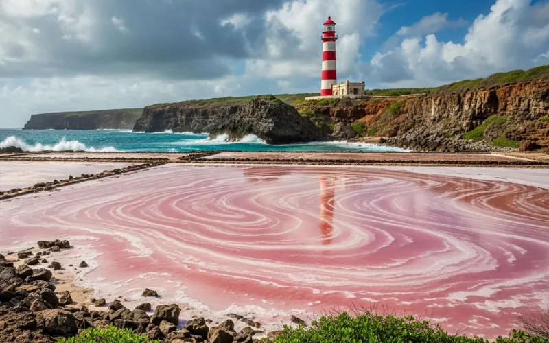 Pink salt flats and lighthouse at Cabo Rojo with dramatic Caribbean coastline, bright daylight.
