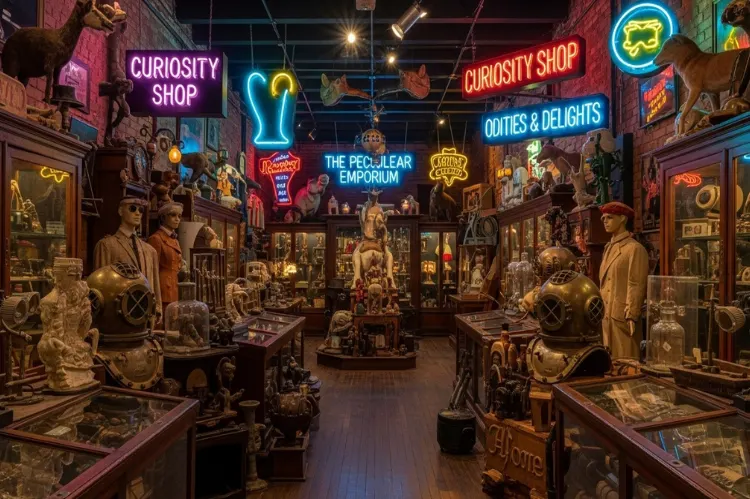 Quirky museum interior filled with vintage oddities and neon signs