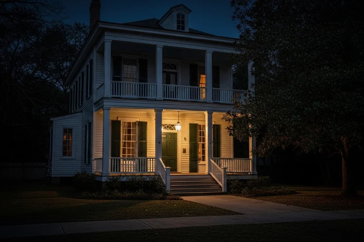 Historic Savannah house at night, dim lighting