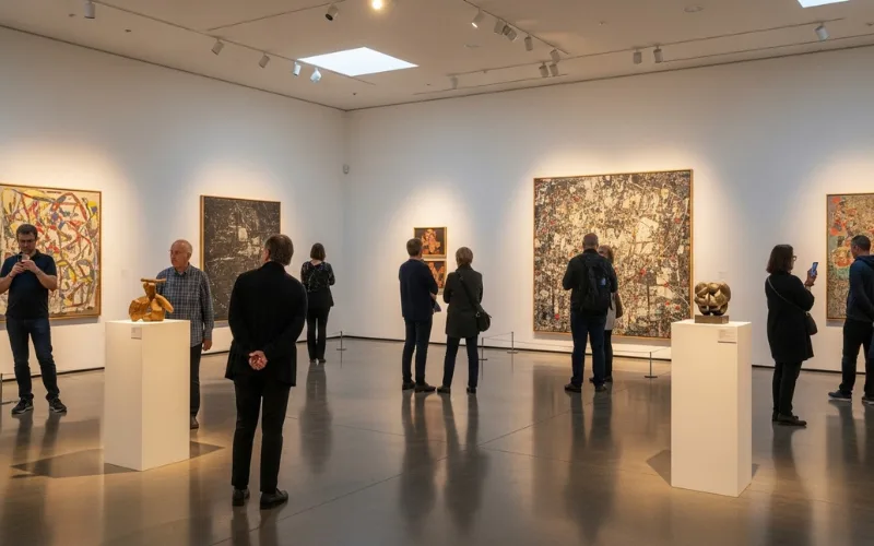 Modern art gallery interior, visitors observing artwork, clean white walls, soft museum lighting.