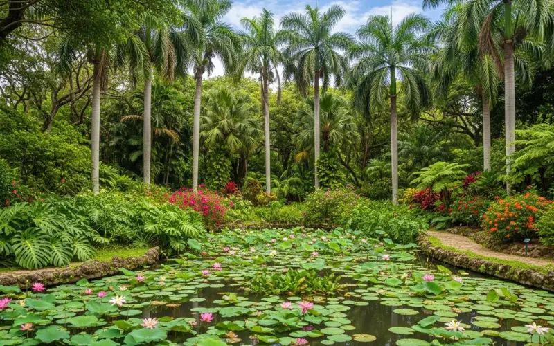 Tropical botanical garden with palm trees, lotus pond, and lush greenery in San Juan.