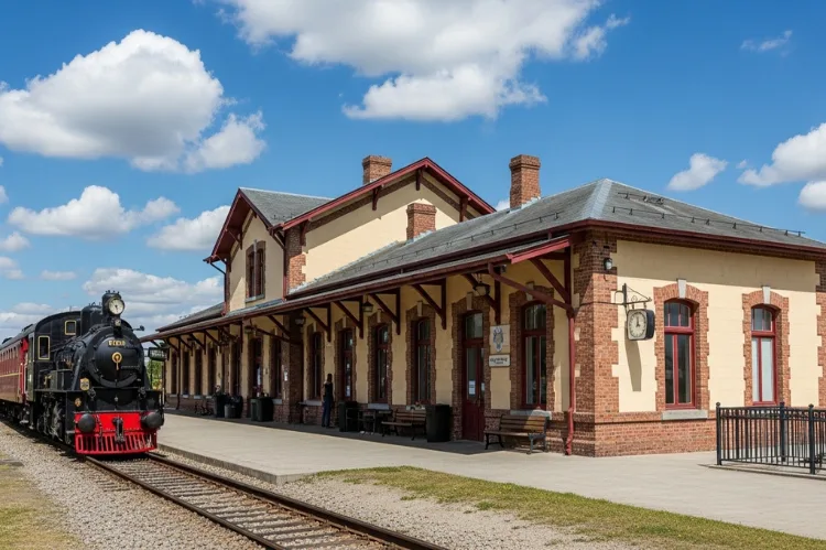 Historic railway depot building exterior with vintage train nearby