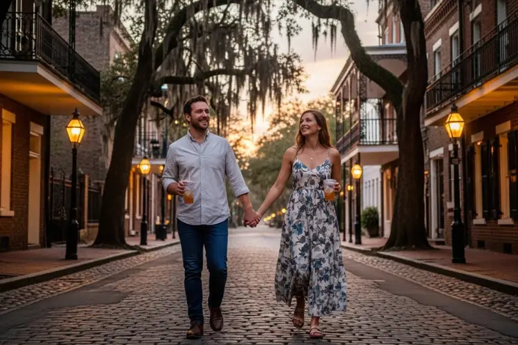 Couple walking through historic Savannah with plastic to-go drinks