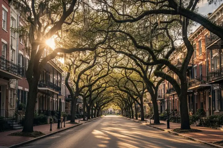 Jones Street lined with oak trees and brick row houses, quiet picturesque scene
