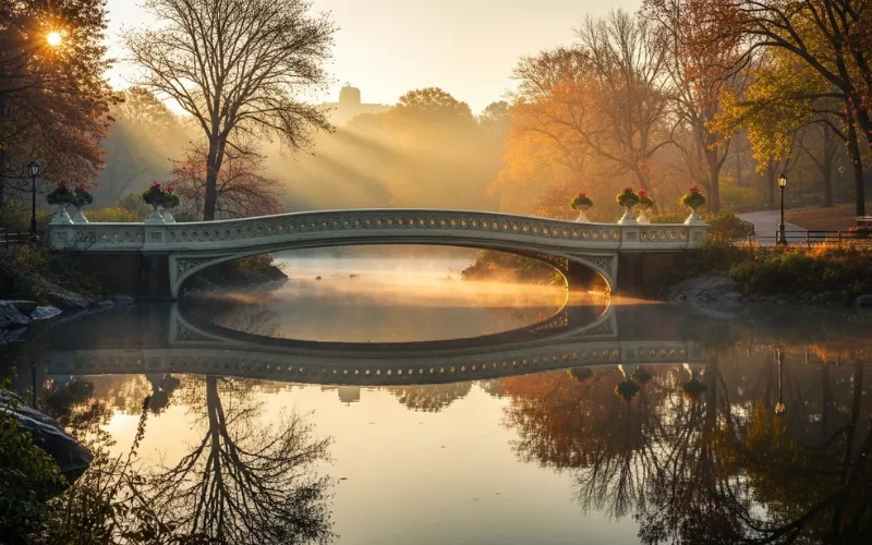 Early morning Central Park, soft sunrise light, Bow Bridge reflection, light mist, peaceful empty pathways.