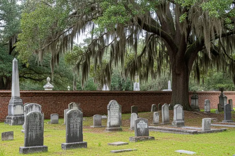 Historic cemetery with moss-covered gravestones and brick wall
