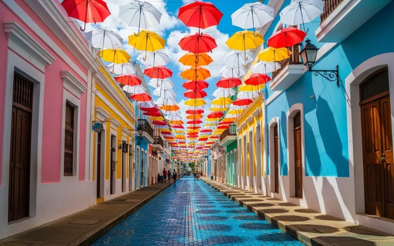 Blue cobblestone street in Old San Juan with pastel colonial buildings and hanging umbrellas.