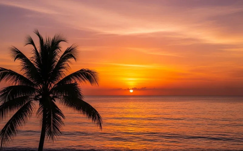 Caribbean sunset in Rincon with orange and pink sky over ocean horizon.