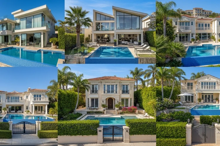 A collage-style scene of multiple luxury hillside homes.