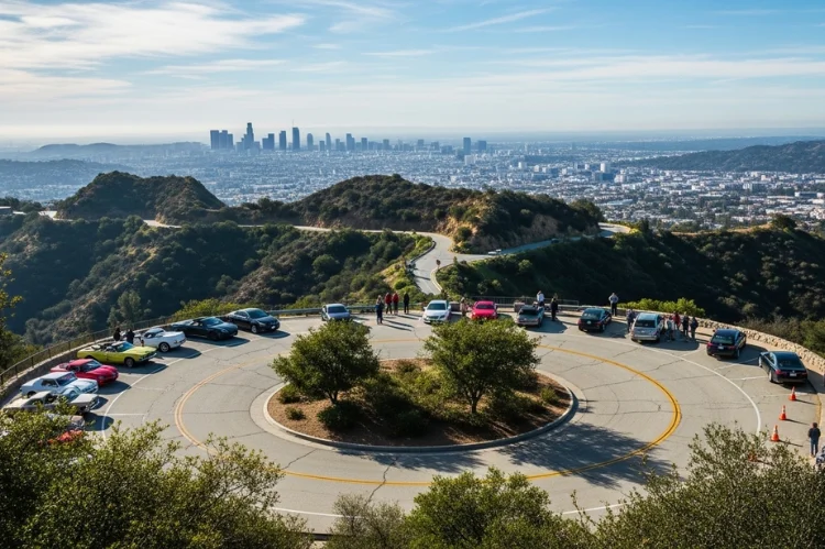 A scenic drive along Mulholland Drive overlooking Hollywood Hills, cars parked at viewpoints.