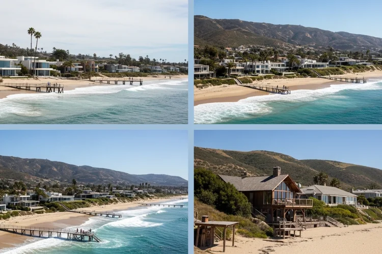 A stylized aerial map-like view of Los Angeles highlighting Beverly Hills, Bel Air, Malibu, Calabasas.