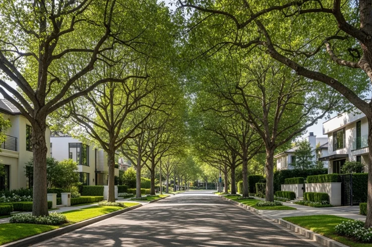 A quiet Brentwood neighborhood with tree-lined streets, elegant modern estates, understated luxury homes, soft morning light.
