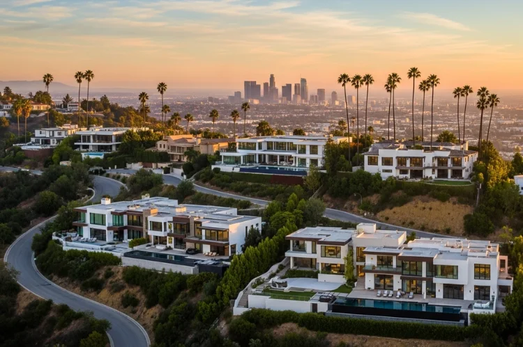 Luxury modern homes overlooking Los Angeles from the Hollywood Hills at sunset.