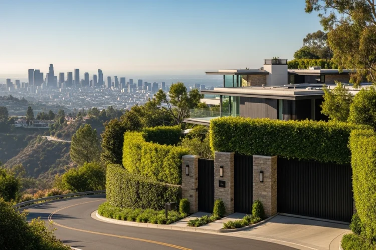 A secluded luxury home hidden behind tall hedges and gates, overlooking Los Angeles.