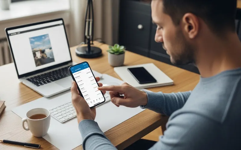 man checking banking app on phone, utility bills on desk, budgeting at home workspace.