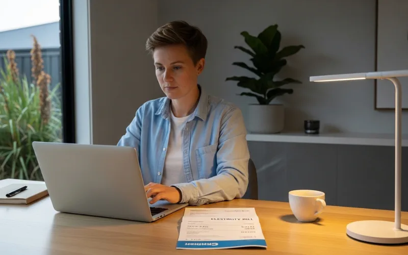 Remote worker at home desk with laptop, electricity bill on table, soft lighting, modern Australian home office.