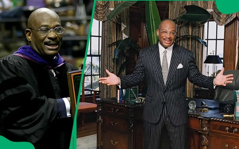 Willie Gary split image showing him in a judge robe on the left and wearing a pinstripe suit in an office with open arms on the right.