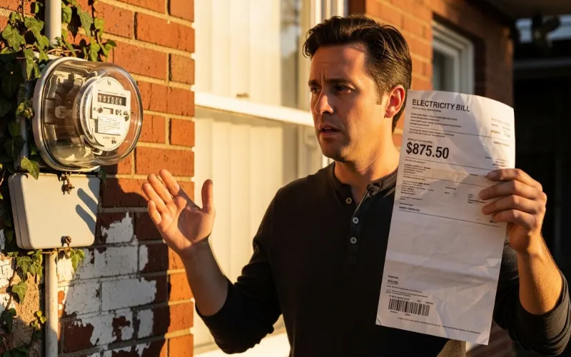 Electricity meter, man holding high power bill in hand.