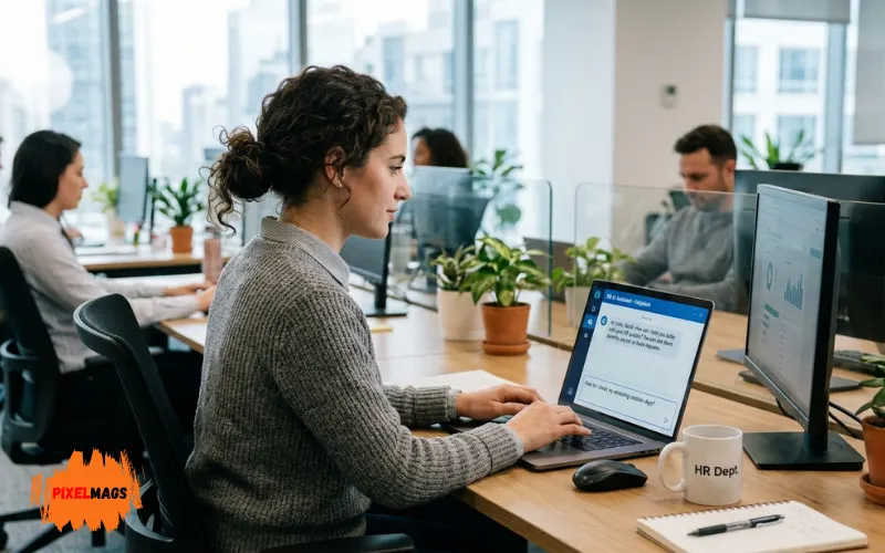 Employee using AI chatbot on computer for HR support, automated helpdesk system, modern office tech.