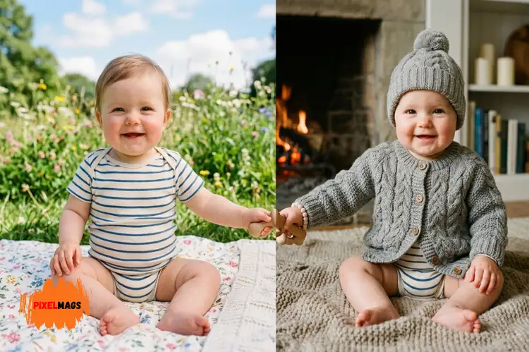 Baby in short sleeve onesie, half layered with sweater, split weather concept