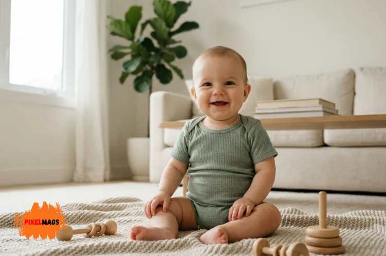 Baby wearing short sleeve onesie, smiling, soft natural light, cozy home background.