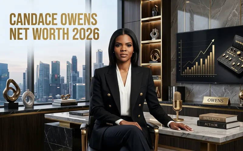 Candace Owens Net Worth 2026 feature image showing Candace Owens in an elegant media studio setting with financial success elements and modern editorial design.