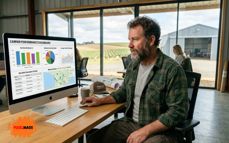 Farm manager reviewing carrier performance dashboard on computer.