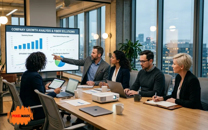 Business professionals analyzing growth charts and savings, efficient fiber internet solution, modern office.