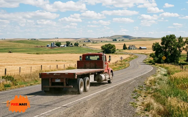 Empty farm truck returning on rural road.