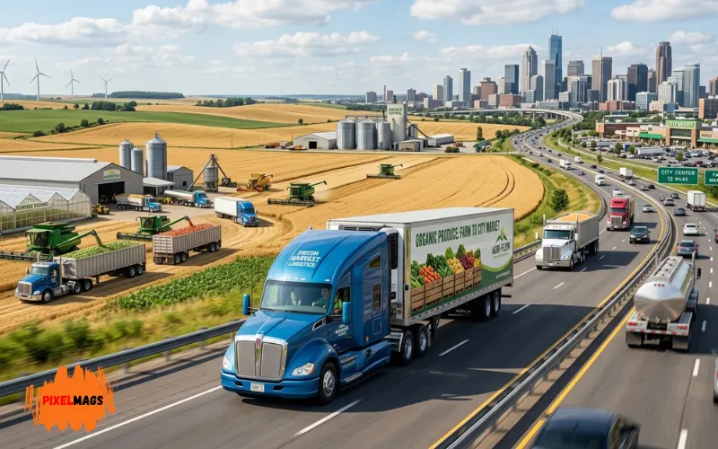 Modern farm logistics scene, trucks moving crops from farm to city market.