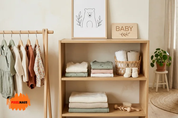 Minimal baby wardrobe with few folded onesies, organized shelf, clean aesthetic.