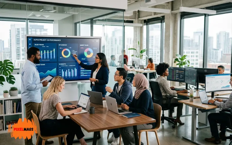 Modern office workplace with diverse employees using digital tools, AI dashboards, collaboration screen.