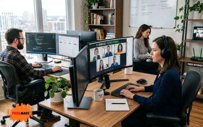 Professional remote workers working without interruptions, stable internet connection concept.