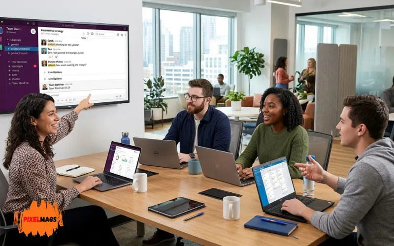 Employees collaborating on digital communication platforms, team chat and live updates on screens, modern office.