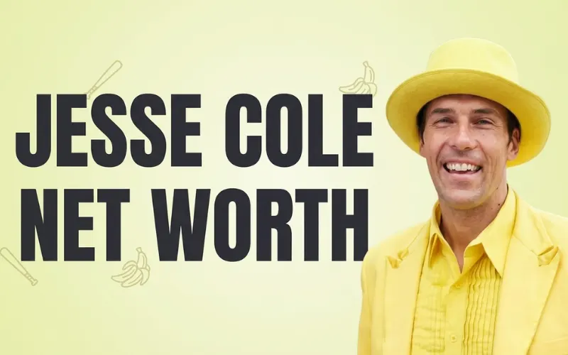 A featured news-style graphic with a pale yellow gradient background, bold text reading "JESSE COLE NET WORTH" on the left, and a smiling Jesse Cole in a bright yellow suit and top hat on the right.