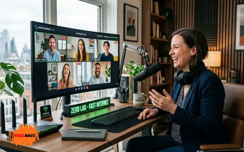 Real-time virtual meeting with zero lag, happy remote employees, smooth video call.