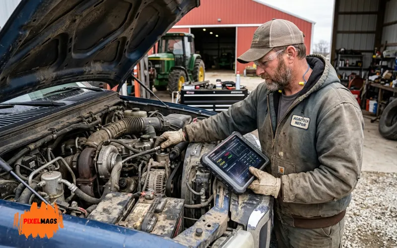 Farm mechanic inspecting truck engine with digital diagnostics screen.