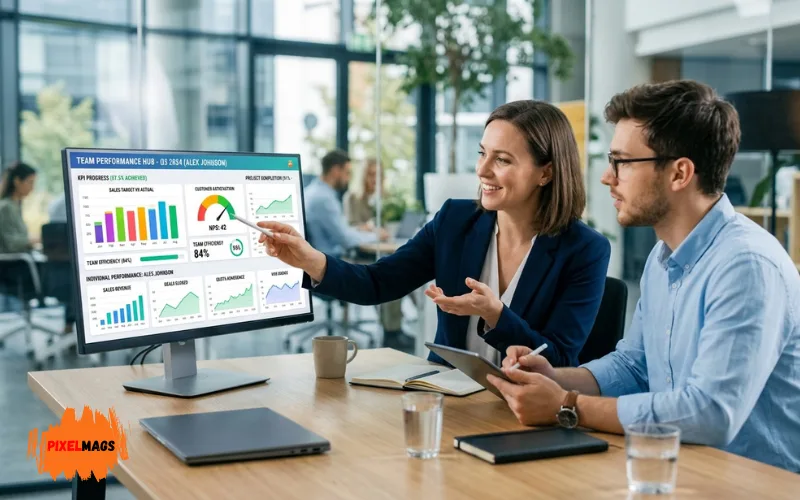 Manager reviewing real-time performance dashboard with employee, KPI tracking screen.