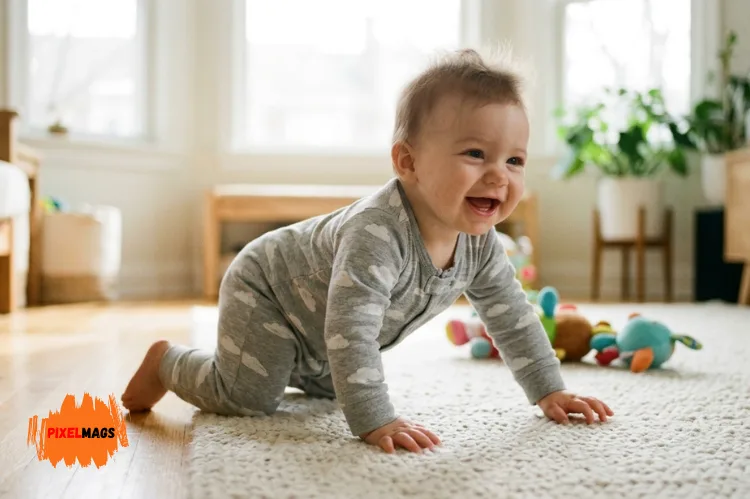 Baby crawling freely in soft cotton onesie, bright room, natural movement, happy expression.